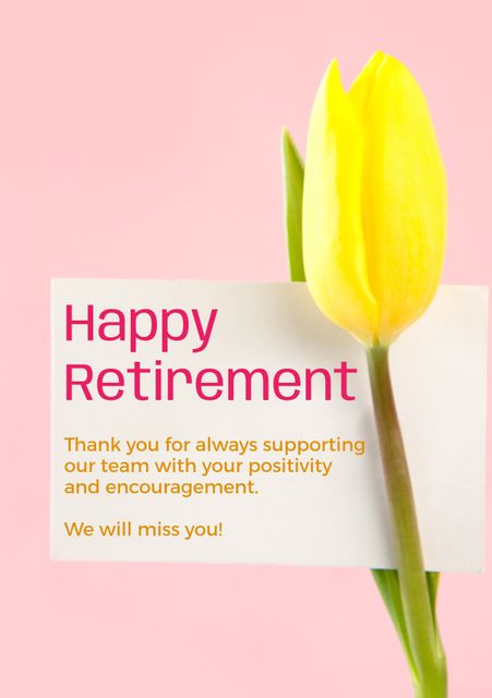 Perfect for retirement celebrations, cards, social media posts, or email greetings. Bright yellow tulip adds joy and optimism to the milestone event. Ideal for conveying appreciation and well-wishes to a retiring colleague or loved one.