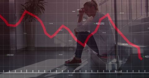 Stressed female doctor with falling graph in background illustrating challenges