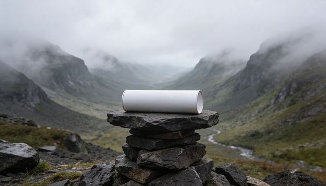 White cylindrical tube balancing on stone cairn in misty alpine valley with moody fog