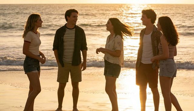 Young friends laughing on sunset beach walking barefoot along wet sand and ocean waves