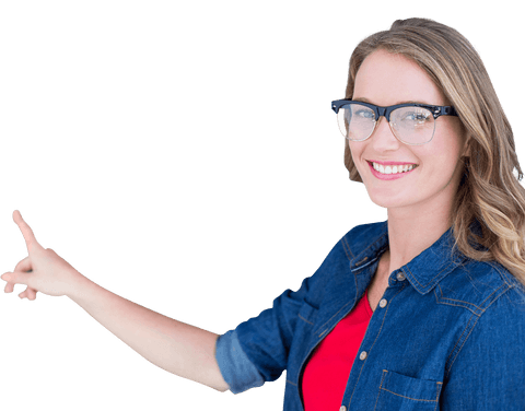 Confident smiling woman with glasses pointing on transparent background