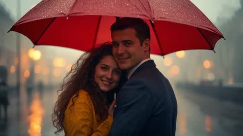 Couple embracing under red umbrella on rainy city street at dusk with glowing bokeh lights