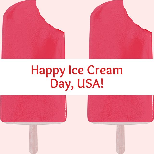 USA Ice Cream Day celebration visual with red ice cream bars and festive text. Perfect for social media posts, newsletters, advertisements, and marketing campaigns promoting ice cream sales, USA-themed celebrations, summer parties, and desserts.