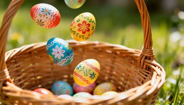Colorful hand-painted easter eggs falling into wicker basket in sunlit garden