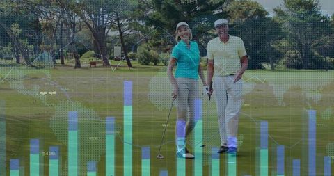 Active Mature Couple Analyzing Golf Strategy with Data Overlay