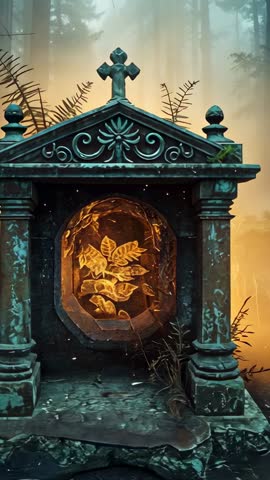 Vertical video glowing shrine revealing carved leaf in misty forest with warm backlight