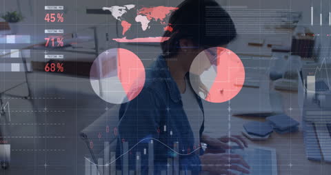 Businesswoman Analyzing Financial Data with Abstract Tech Overlay