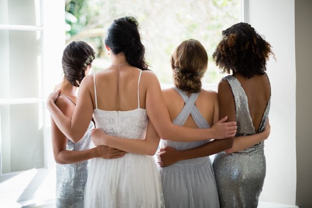 Rear view of bride and bridesmaids standing together near window at home