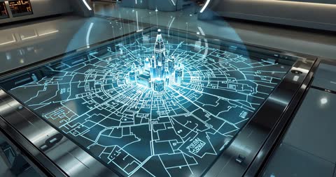 Futuristic City Mapping Projection Table in Control Room