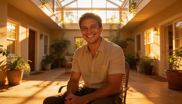 Smiling man relaxing in sunlit atrium with lush planters golden hour warm portrait