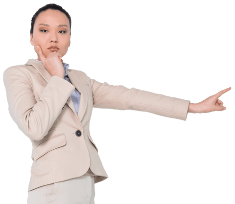 Serious asian businesswoman pointing against transparent background