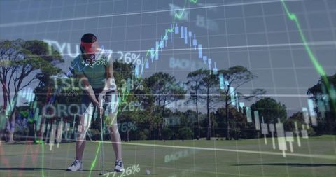 Golfer Focusing on Putting with Stock Market Chart Overlay
