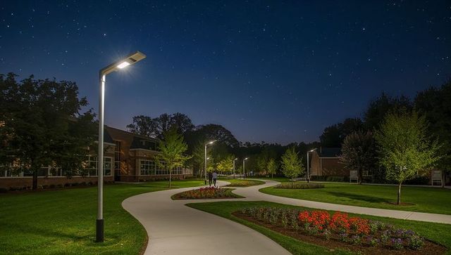 Couple walking along illuminated winding campus path under starry night sky