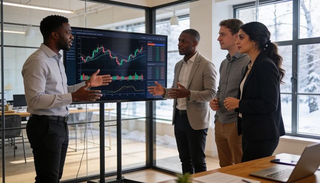 Diverse Team Presenting Stock Market Analysis on Large Screen in Modern Office