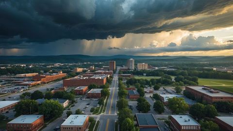 Dramatic storm clouds over college campus with brick buildings, knoxville concept