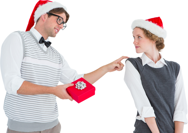 Transparent Geeky Hipster Giving Present to Girlfriend Santa Hats - Download Free Stock Videos Pikwizard.com