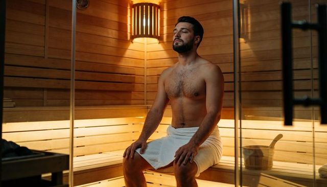 Bearded man relaxing in wooden sauna with towel, warm ambient lighting and contemplative pose