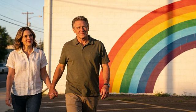 Middle-aged couple holding hands walking past colorful rainbow mural in golden hour light