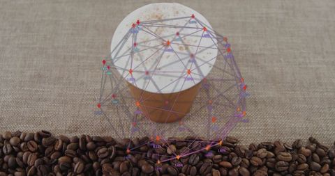 Takeaway coffee cup with digital network overlay and coffee beans