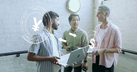 Diverse Team Discusses Business Finances with Tech Overlay