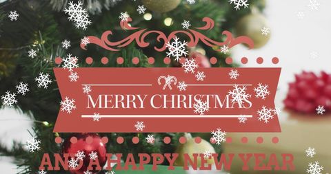 Festive Christmas Greeting with Snowflakes and Decorated Tree