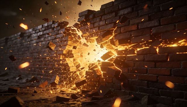 Exploding red brick wall revealing fiery molten core with flying debris, sparks and rubble