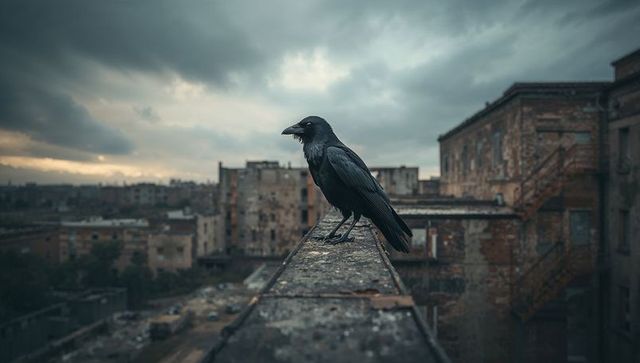 Black Crow Perching Amidst Urban Decay at Dusk
