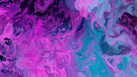 Swirling neon marble texture in pink and teal fluid art with iridescent paint cells