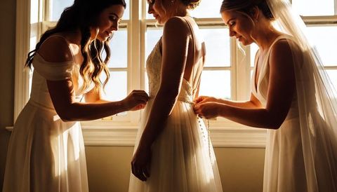Bridesmaids fastening bride's buttoned lace gown by sunlit multi-pane window at golden hour
