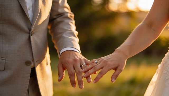 Sunset wedding hands showing gold band and diamond ring in meadow, tan suit lace