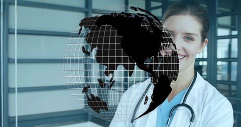 Smiling female doctor presenting digital globe and global healthcare connection network