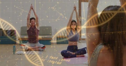 Group Yoga Class With DNA Concept Overlay