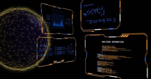 Geodesic hologram sphere glowing with futuristic hud dashboards and data analytics