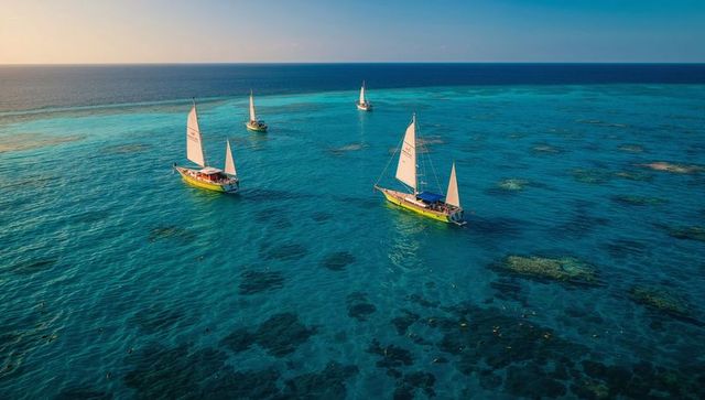 Four sailing yachts gliding over coral reefs in turquoise tropical lagoon at golden hour