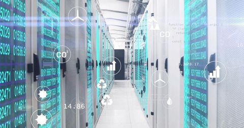 Futuristic data center with digital overlay icons