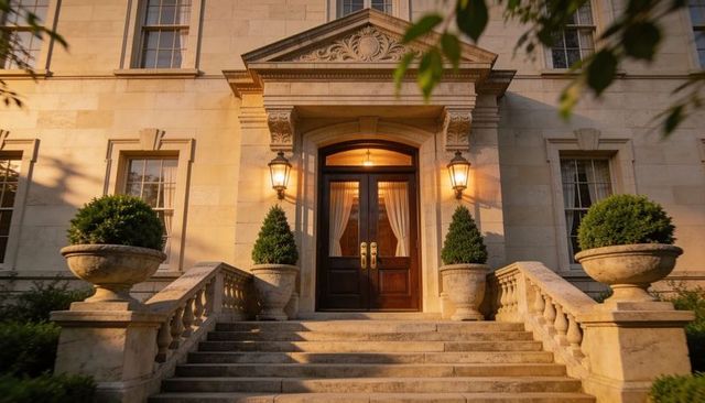 Elegant mansion entrance welcoming with stone steps, wooden doors, topiary and lanterns