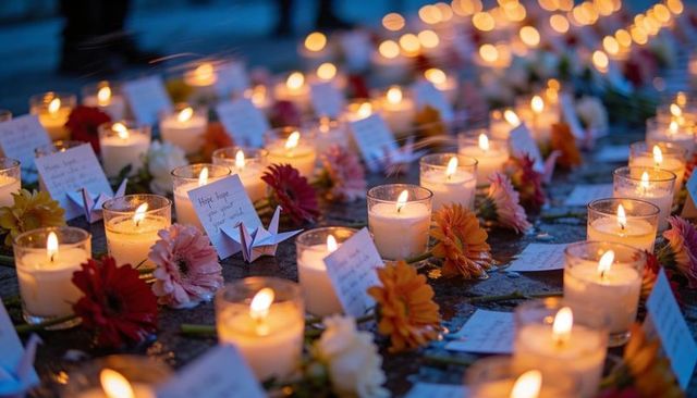Candlelight vigil with notes origami cranes and gerbera flowers on wet cobblestone at dusk