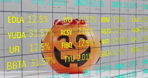 Jack-o'-lantern candy bucket with augmented data overlay and grid analytics