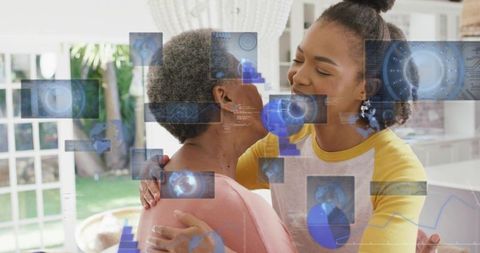 Hugging daughter and mother in sunlit kitchen with augmented reality hud overlay