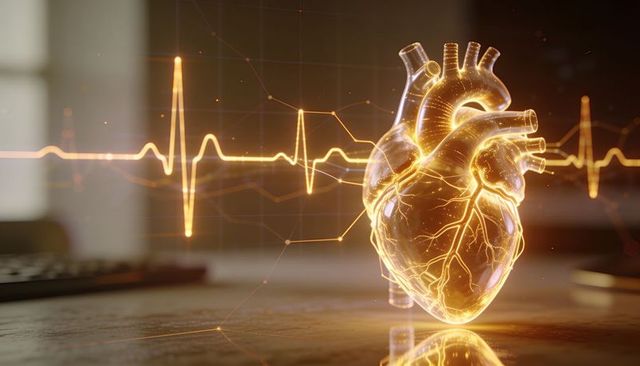 Glowing golden holographic heart with ecg waveform and network nodes for healthtech concept
