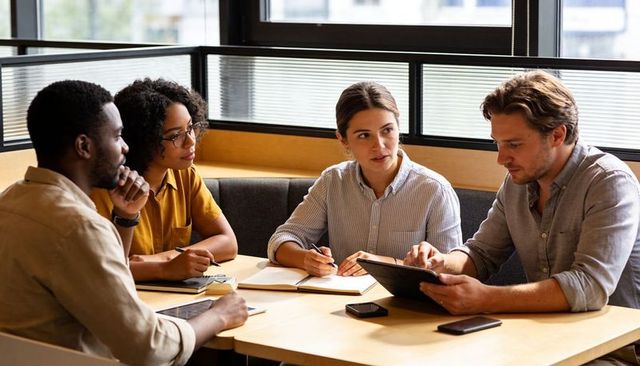 Collaborative team brainstorming around tablet and notebooks in modern coworking nook