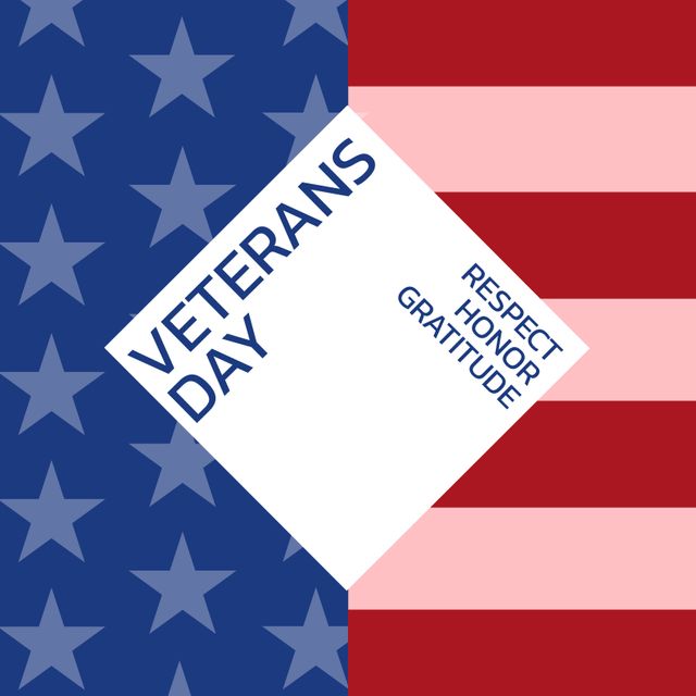 This image, representing Veterans Day, is perfect for use in social media posts, online articles, newsletters, event invitations, or any content related to honoring veterans. It features the American flag divided into sections, with the words 'Respect', 'Honor', and 'Gratitude' prominently displayed, making it ideal for raising awareness and appreciation for veterans' contributions.