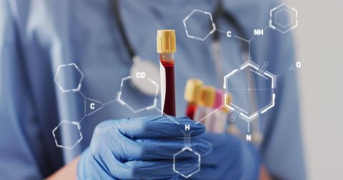 doctor holding blood samples with chemical structural overlay - Download Free Stock Images Pikwizard.com