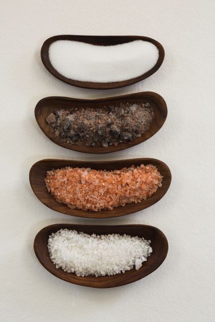 Close-up of various types of salts in a bowl