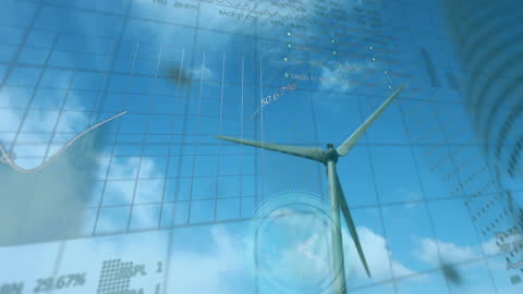 Wind Turbine with Financial Data Overlay in Digital Animation