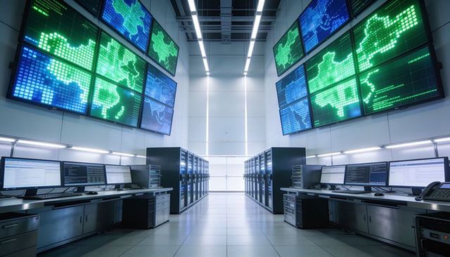 High-tech data center control room featuring glowing world maps on led video walls