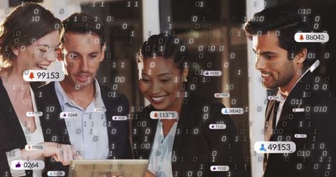 Business team collaborating over tablet with social media notifications and data overlay