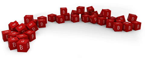 Scattered red cubes with bitcoin symbols transparent background