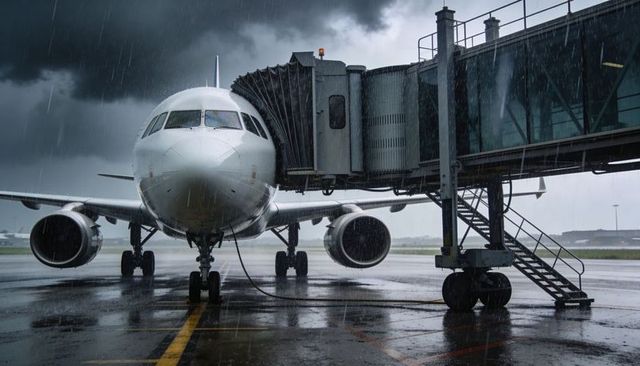 Narrow-body jet waiting at gate in heavy rain with reflective wet apron and jet bridge