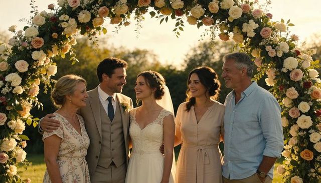 Smiling bride and groom with family under floral arch during golden hour outdoor wedding